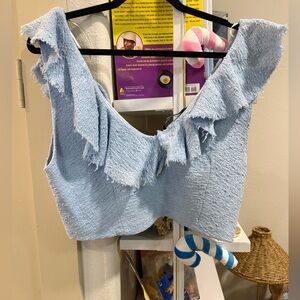 Zara Light Blue Tweed Ruffle Hem Crop Top